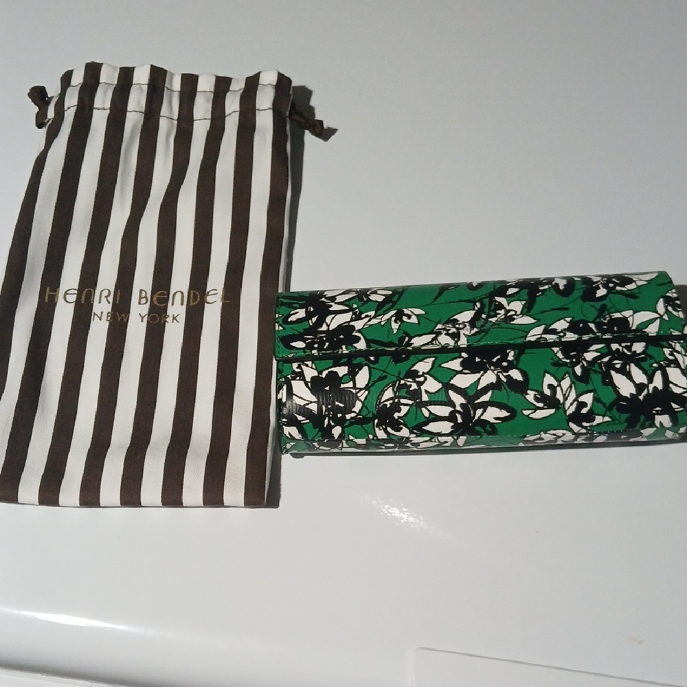 Henri Bendel Green and Black Floral Case with Striped Pouch